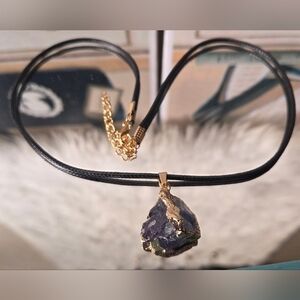Hearth & Stone Co. Natural Uncut Flourite Pendant W/ Leather Rope & Gold Foils